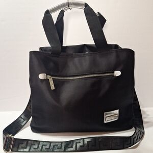 Black Nylon Crossbody Tote with Patterned Strap